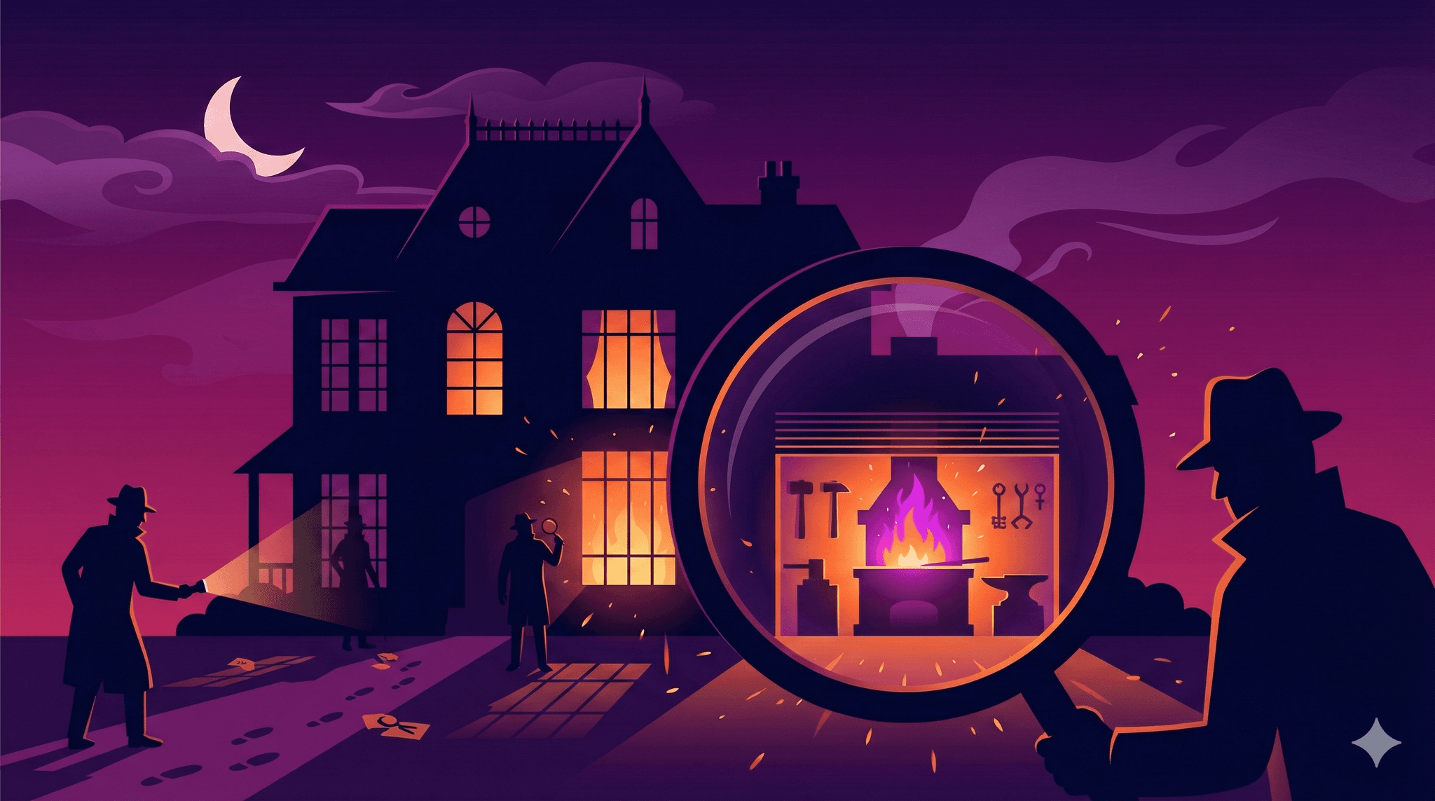 Detective investigating a mysterious mansion through a magnifying glass